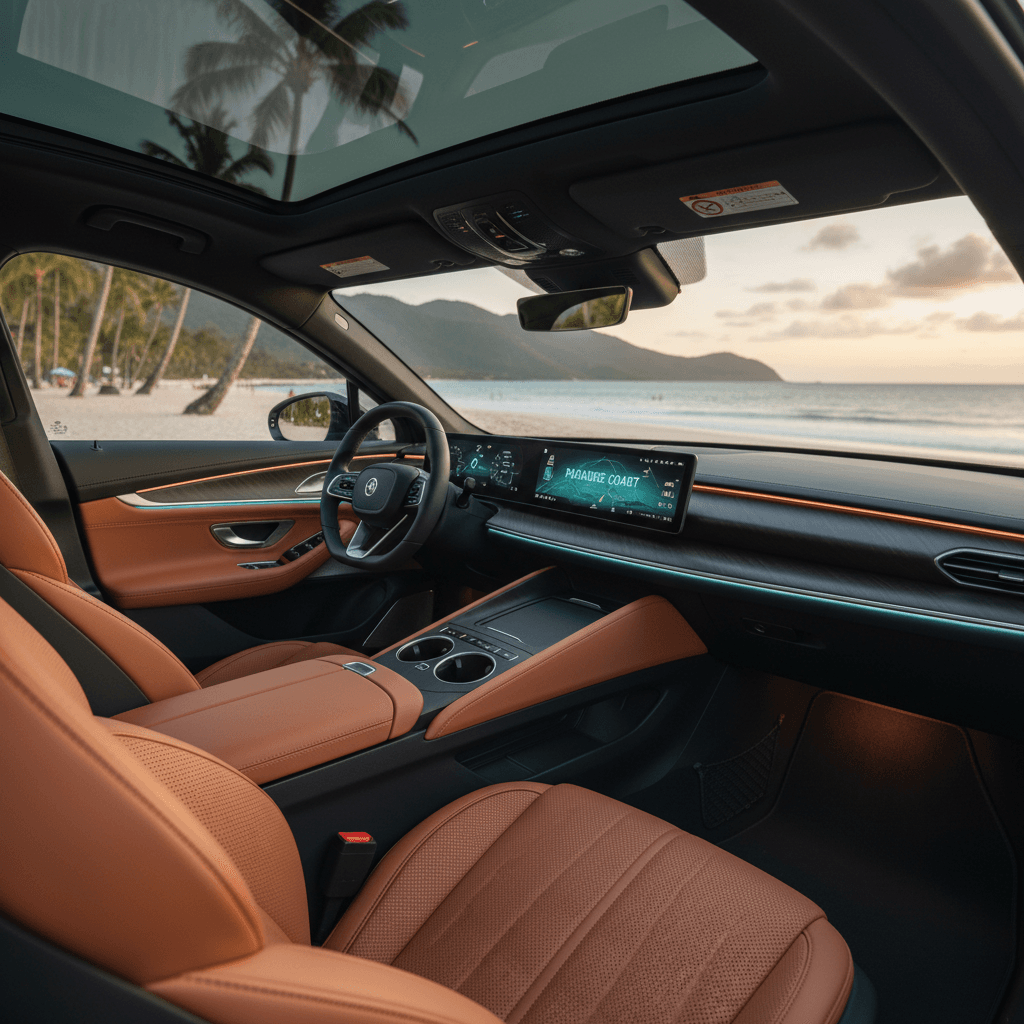 Luxurious car interior with ambient lighting, leather seats and warm tropical atmosphere