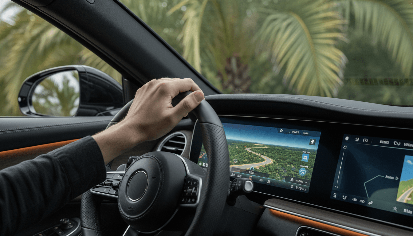 Close-up of a driver's hand on a leather steering wheel, with a digital map screen glowing on the dashboard, warm cabin light.