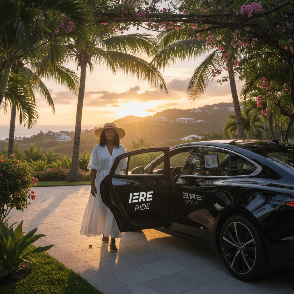 Driver standing by car in residential street at golden hour, holding smartphone