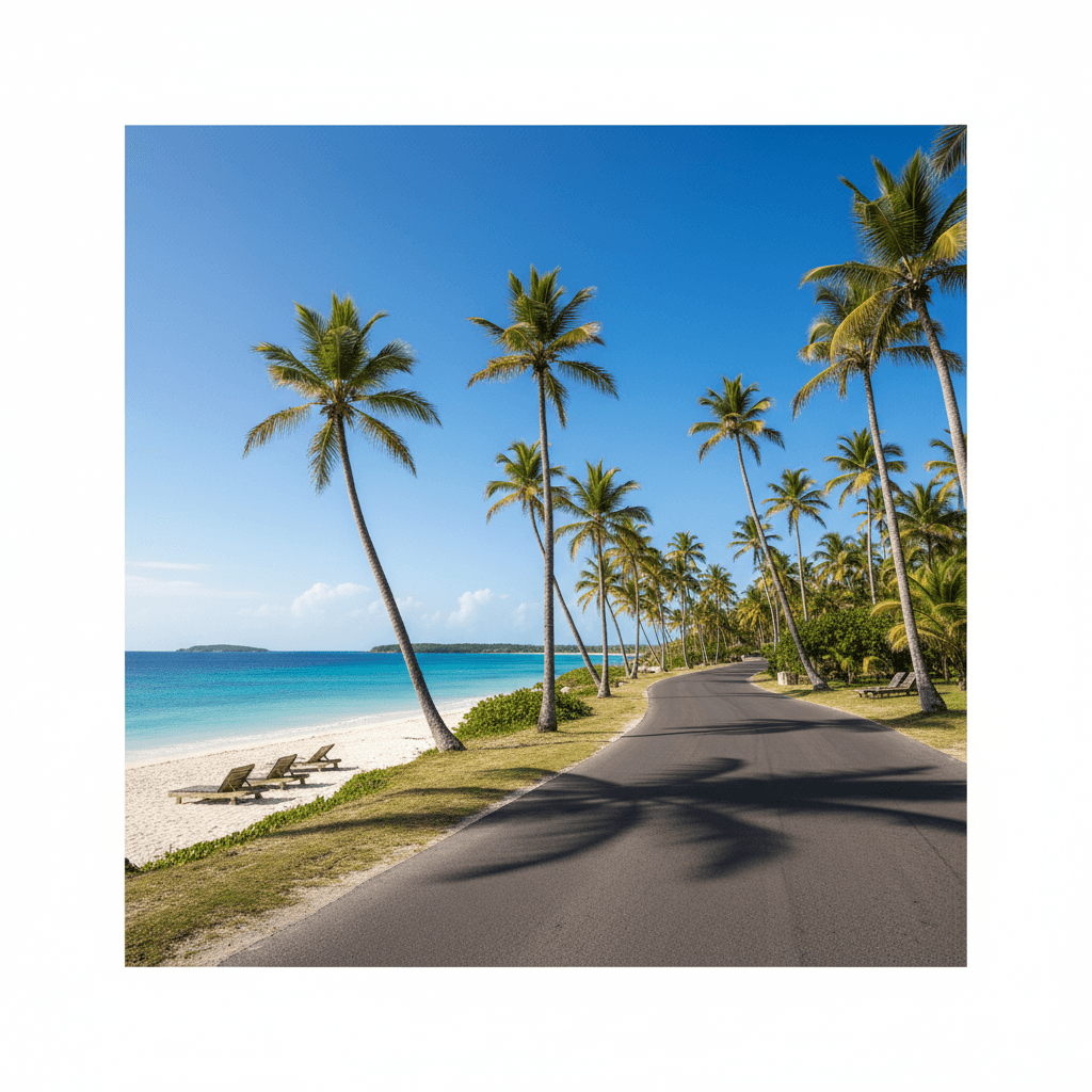 Wide shot of a scenic Caribbean coastal road with palm trees and clear blue sky