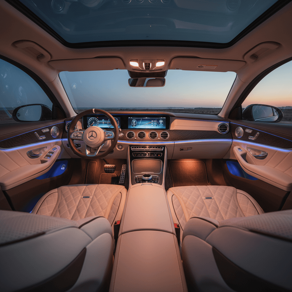 Modern car interior with premium leather seats and ambient lighting at dusk