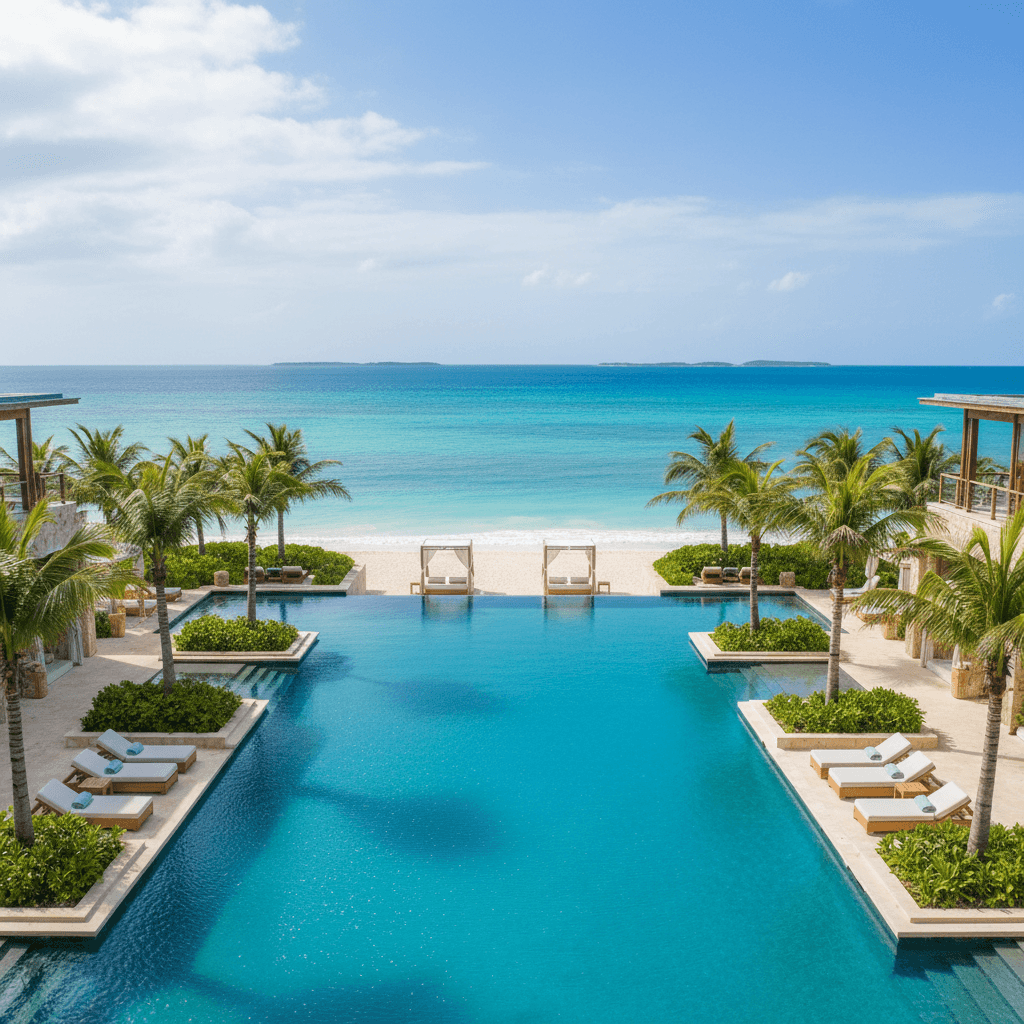 Luxury beach resort with infinity pool and turquoise Caribbean waters