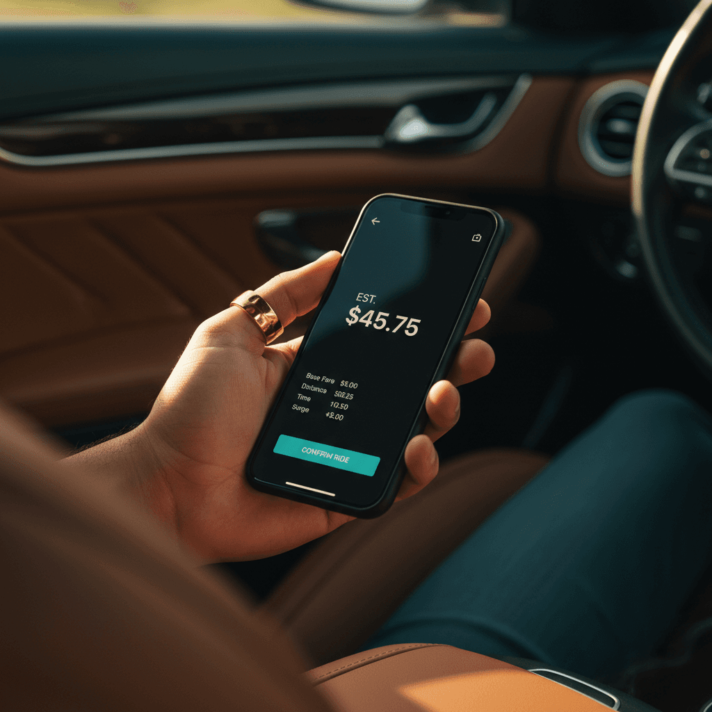 Smartphone showing transparent TT$ fare estimate inside a premium car