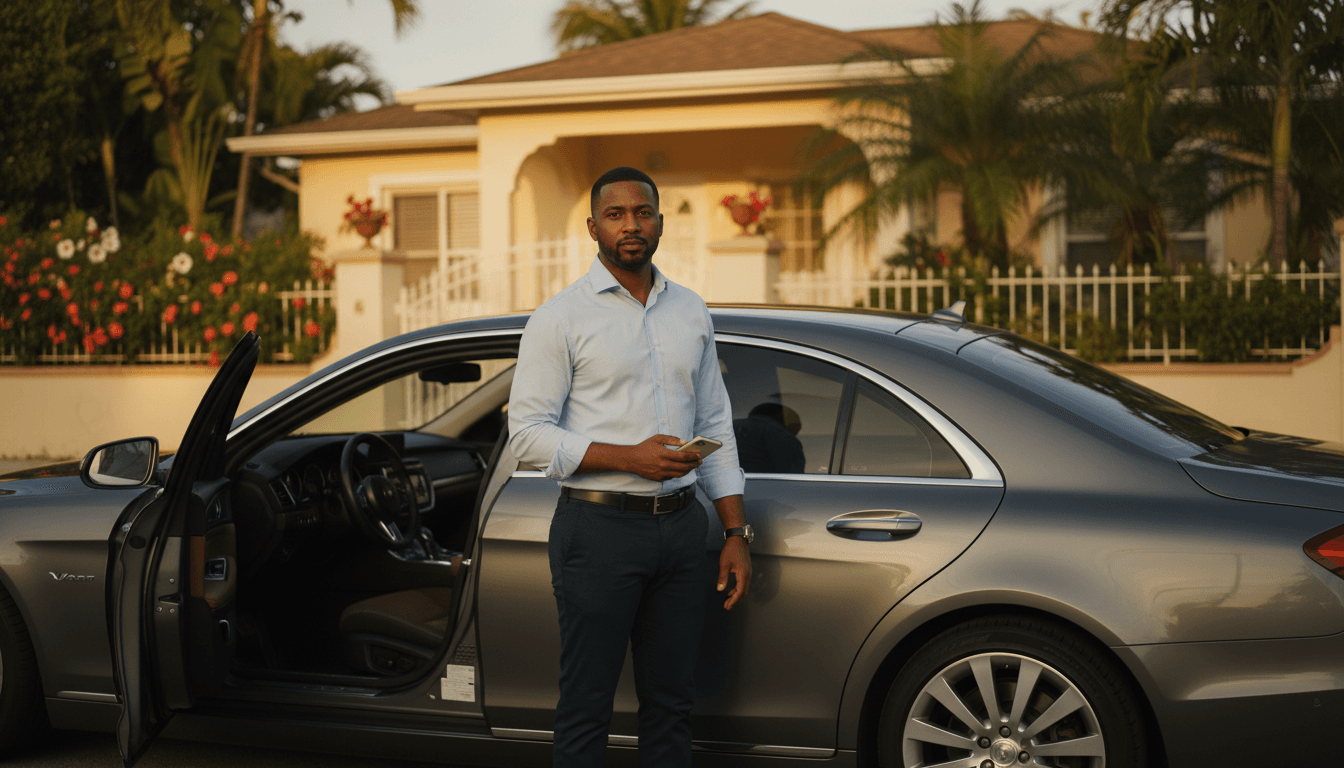 Driver standing by car in residential street at golden hour, holding smartphone