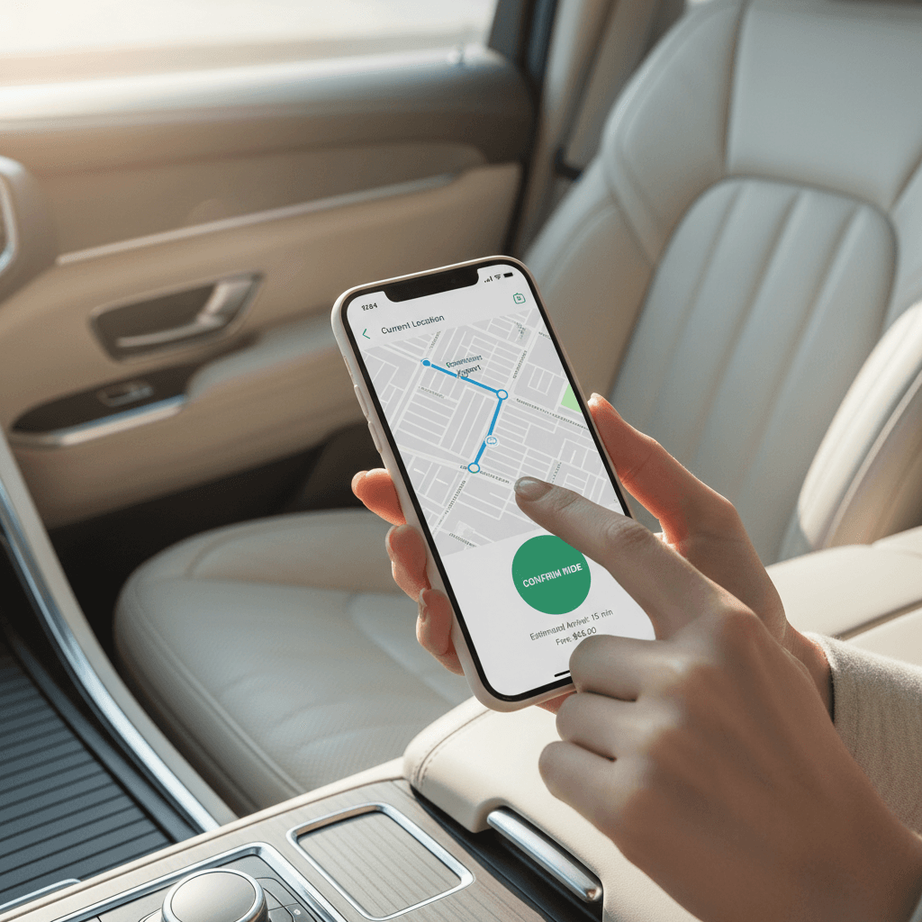 Passenger's hand using smartphone to book a rideshare service in a modern, clean vehicle interior