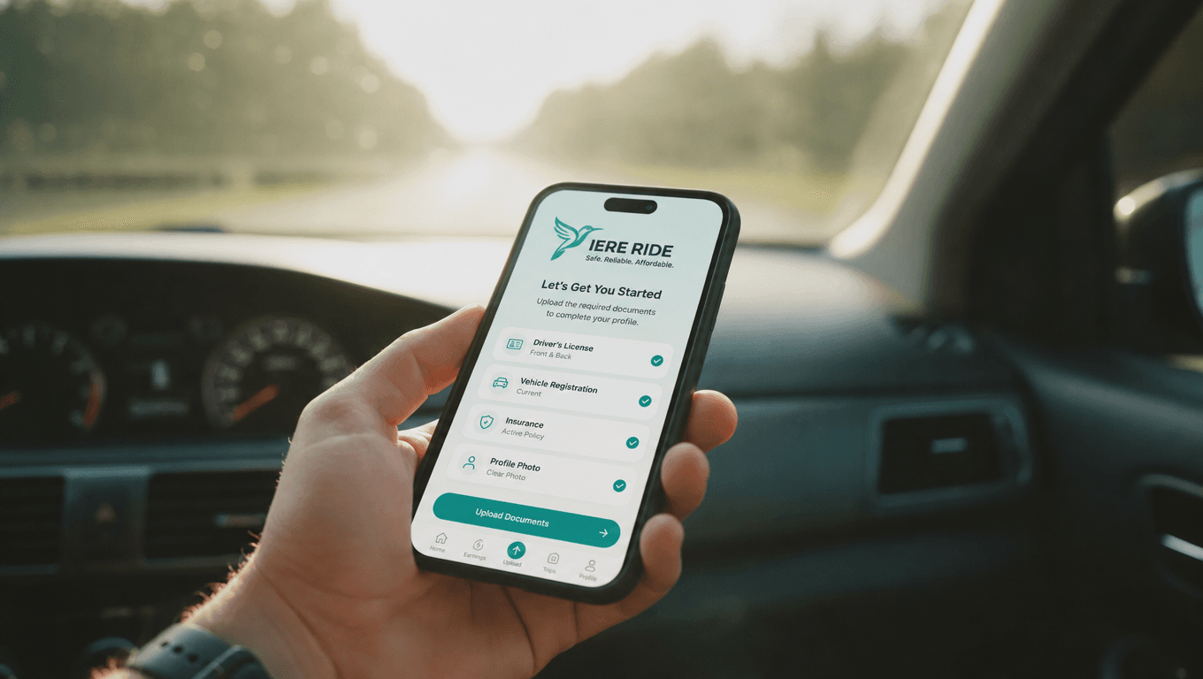 Hand holding a smartphone displaying IERE RIDE app document upload screen inside a car.